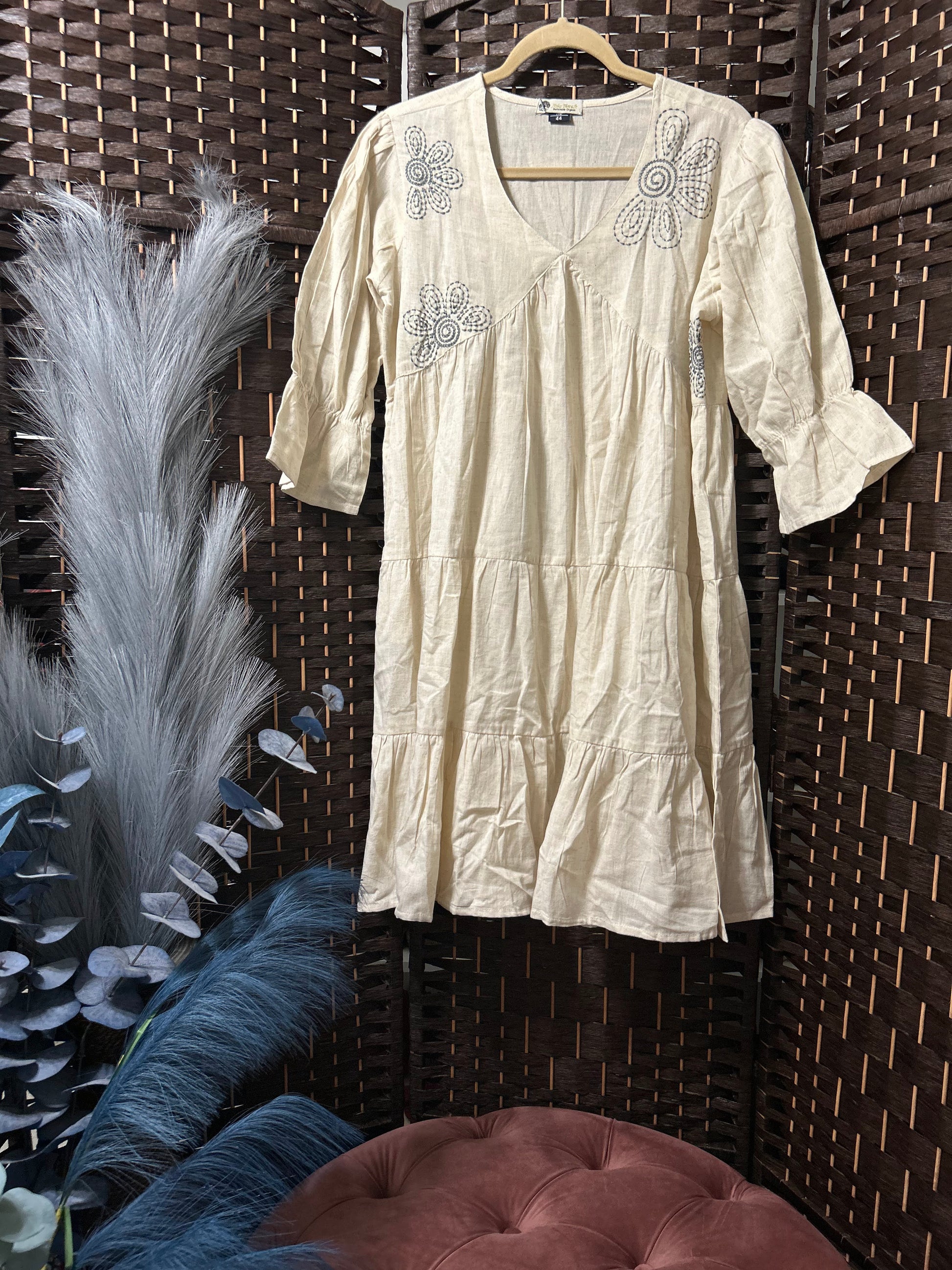 Embroidered White & Blue Flowers Dress