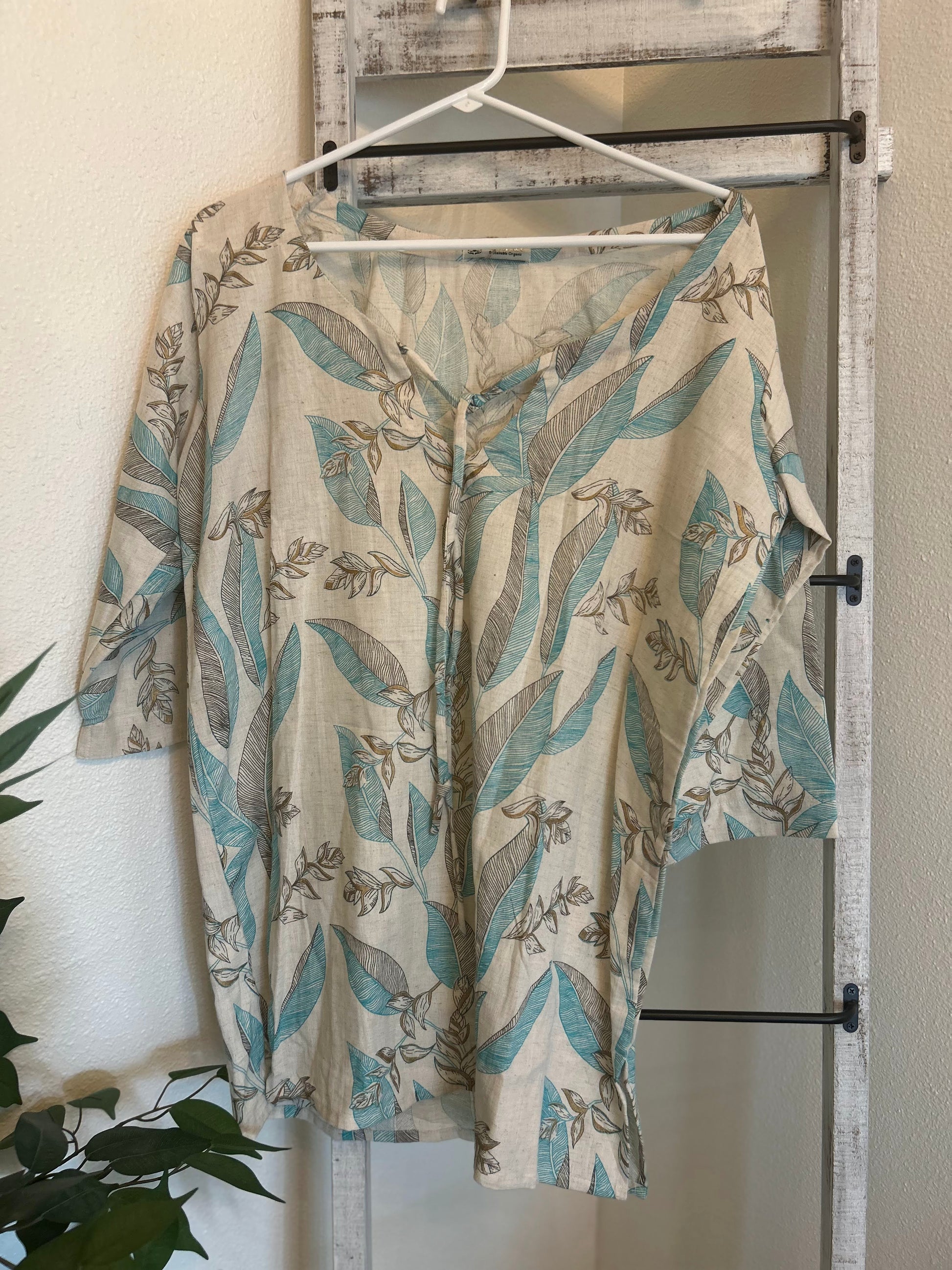 Gold Brushed Tropical Leaves Tunic Top